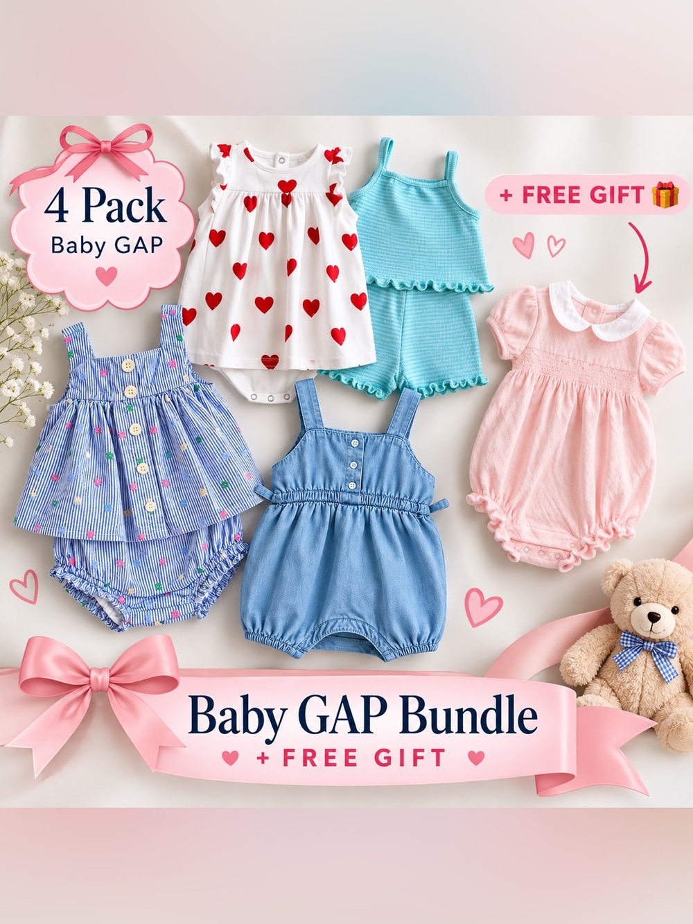 Baby GAP & Petit Bateau 4-Piece Baby Girl Bundle 6-12M + FREE Gift